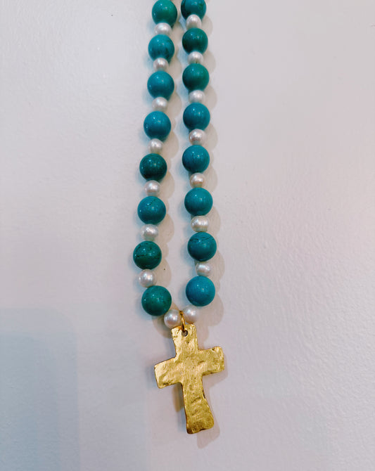 Turquoise and Cultured Pearls Necklace with semi-precious stones