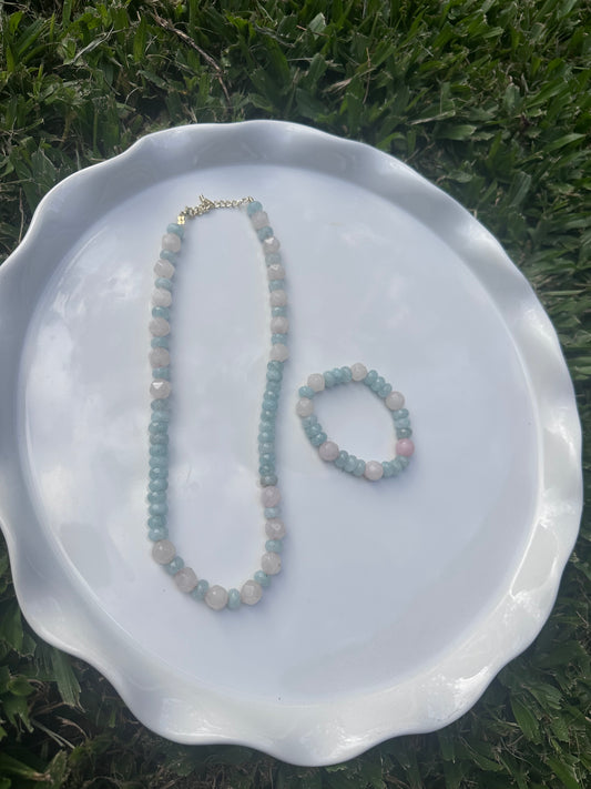 Pink Jade & Aquamarine Semi Precious Set
